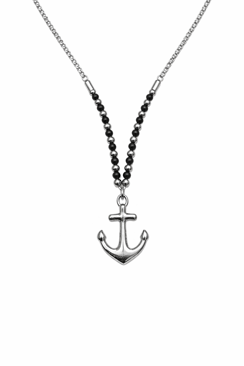 Ασημί Κολιέ Άγκυρα με Μαύρες Χάντρες – Nautical Style