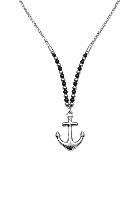 Ασημί Κολιέ Άγκυρα με Μαύρες Χάντρες – Nautical Style